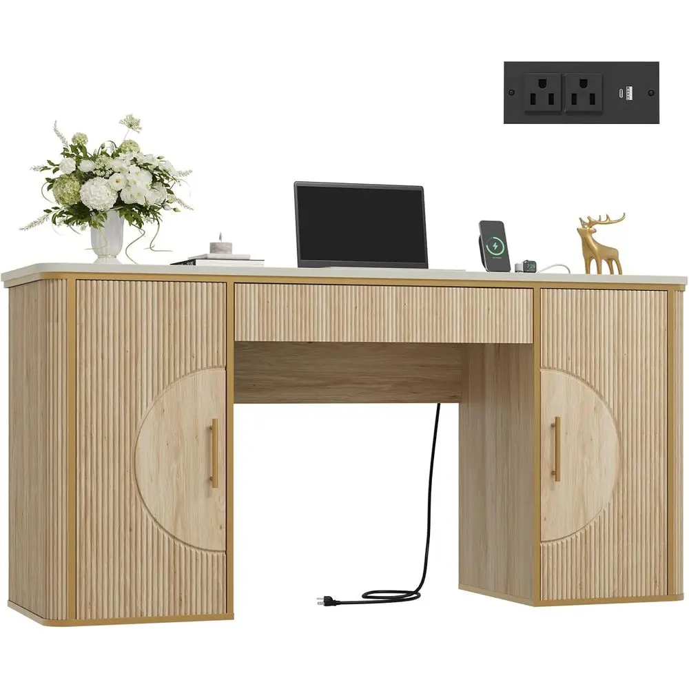 

60 Natural Oak Home Office Writing Desk with Drawer, Storage Cabinet, and Charging Station