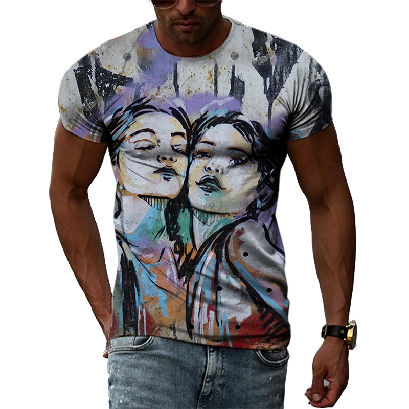 Summer Street Art Personality Graffiti 3D Harajuku Printing Creative Hip-Hop Men Women Eye-Catching Short-Sleeved O-Neck T-shirt