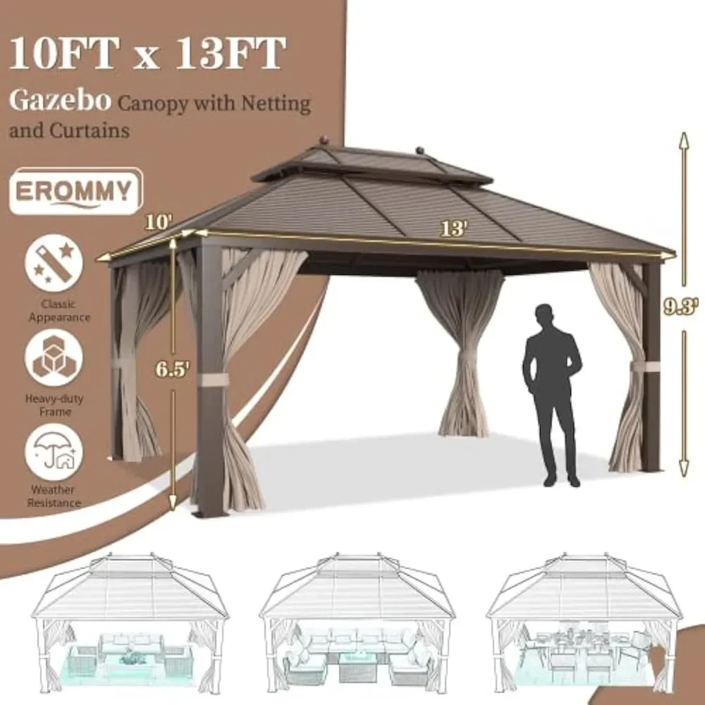 10' x 13' Hardtop Gazebo Double Roof Galvanized Steel Canopy Outdoor Aluminum Frame Permanent Metal Pavilion