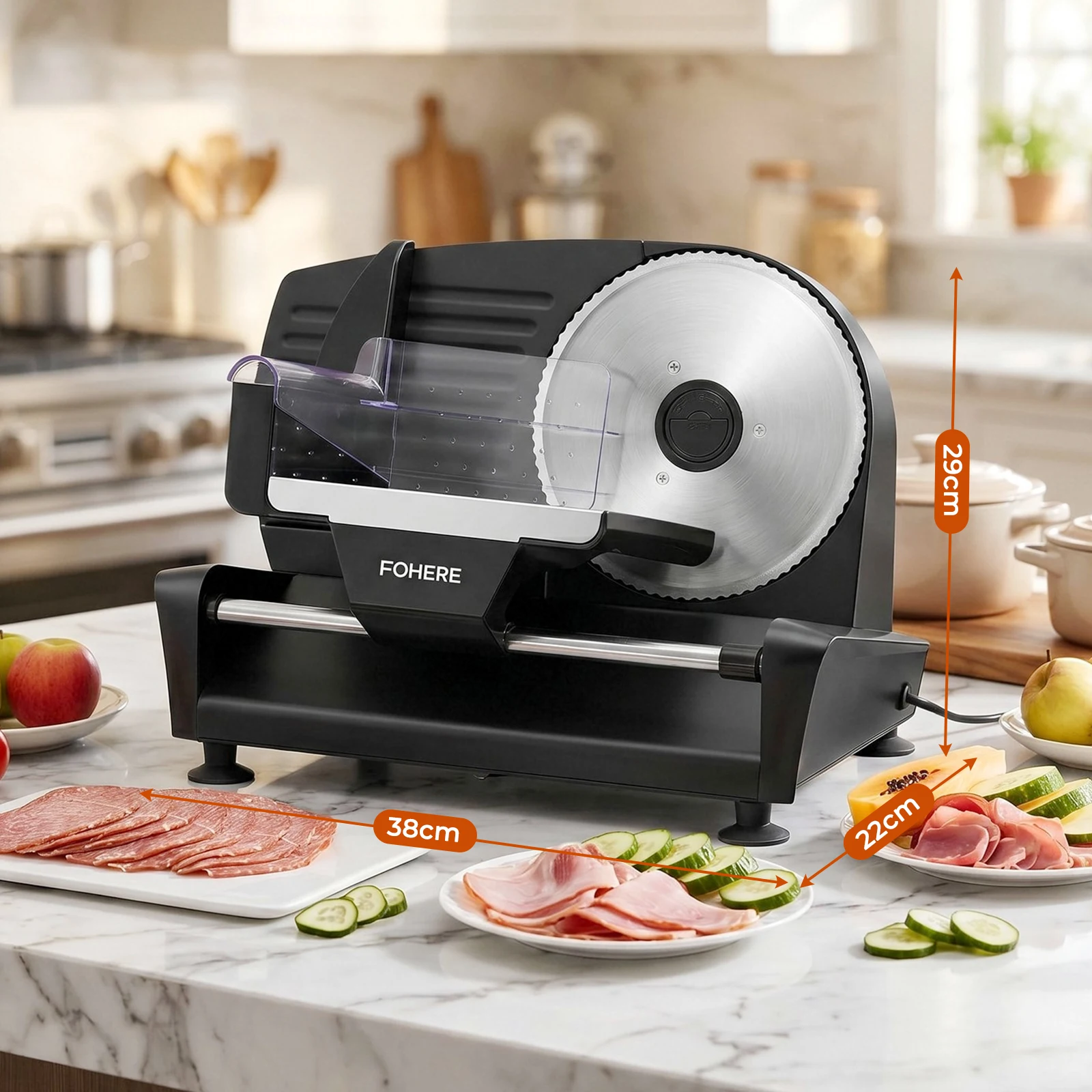 Image of 250W Professioneller Elektrischer Lebensmittelschneider, 3 Austauschbare Edelstahlklingen, 0-15 mm Einstellbare Schnittstärke, Schneidegerät für Fleisch, Käse, Schinken, Wurst, Brot, Gewerbliche