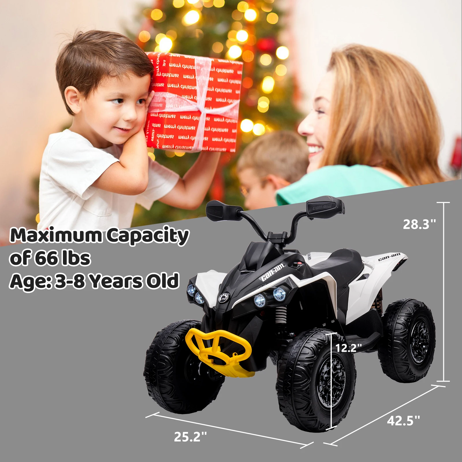 12V ATV voor kinderen, rit op speelgoedauto 4-wieler quad elektrisch voertuig, met LED-verlichting, volledig metalen ophangingen, Bluetooth, muziek, USB, schroefdraad