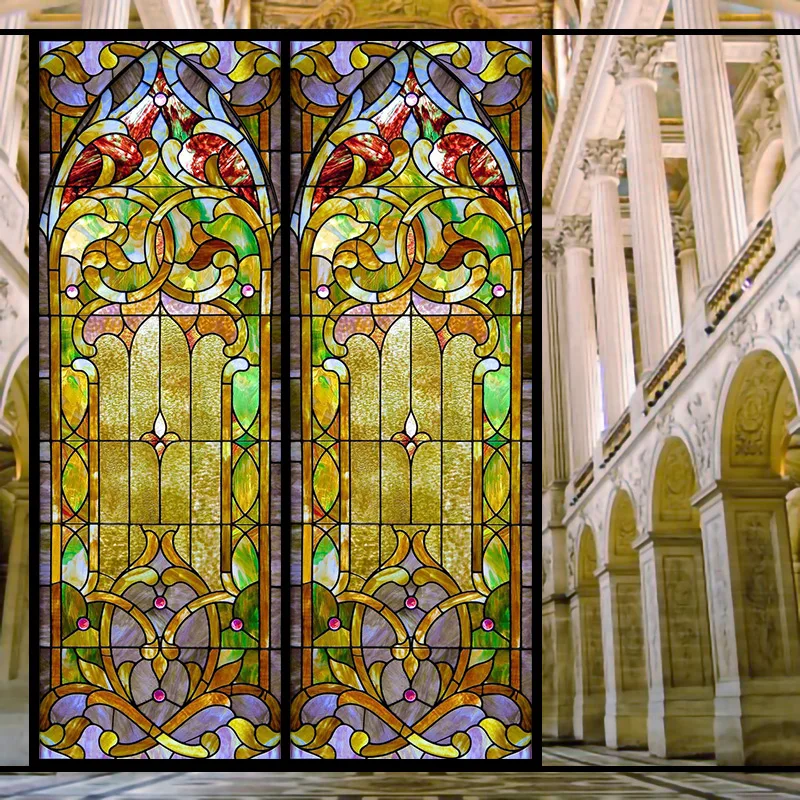Colorful Stained Glass Window Film Opaque Frosted Privacy Protection Removable Home-Decor Church Window Covering Vintage