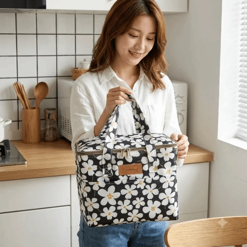 Square Design Oxford Fabric Floral Print Insulated Bag Large Capacity Waterproof Lunch Bag Oilproof Portable Thermal Tote Picnic