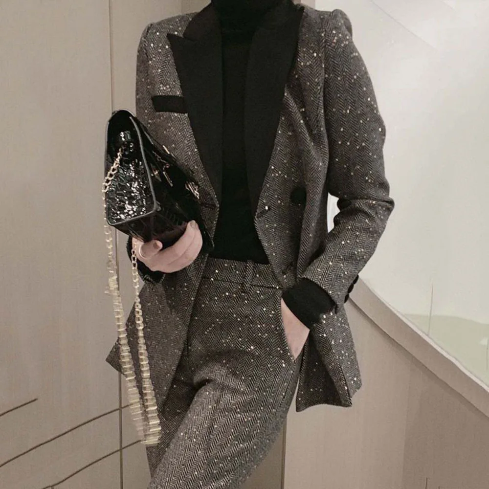 Wool Blend Professional Set Spring Autumn New Suit Jacket Straight Pants Suits Temperament Office Lady Business Suit 2-piece Set