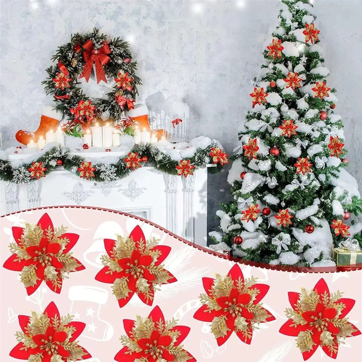 5/10Pcs 14.5cm Christmas Decoration Artifical Flower Ornaments Pink Red Gold Glitter Fake Flowers For Xmas Tree Home Decor image 3