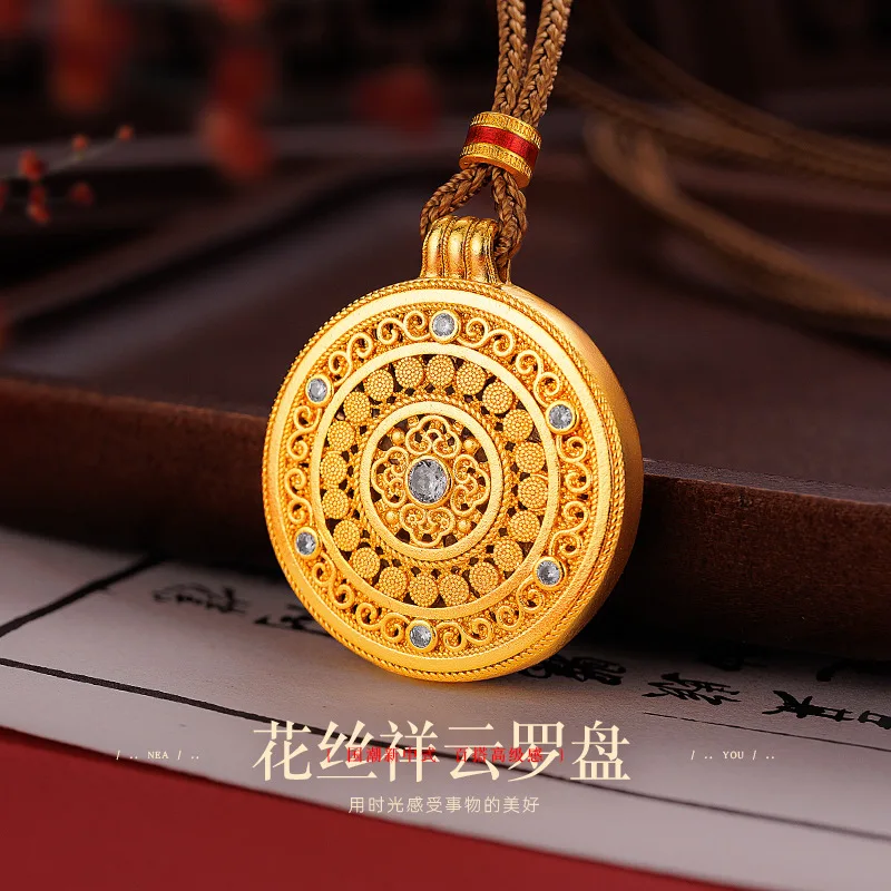 

Модная женская подвеска-цепочка из настоящего золота 9999 24 карата в горошек с древним шелковым цветочным принтом и благоприятными облаками и компасом Ruyi