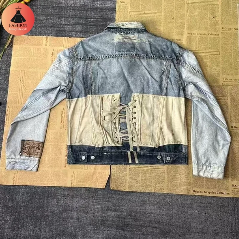 Jaket Denim desain Vintage Pria Wanita, 24SS injeksi langsung Digital Industri berat 3D ilusi tambal sulam dicuci tambalan