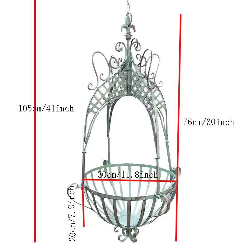 Vintage Metal Hanging Planter Basket, 12x30 inches, Decorative Iron Garden Basket with Chain, White and Green
