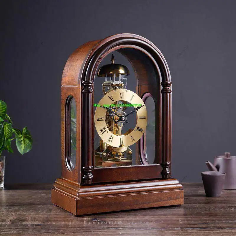 European Retro Solid Wood Mechanical Desk Clock, Living Room Old-fashioned Desktop Desk Clock, Home Decoration Ornament