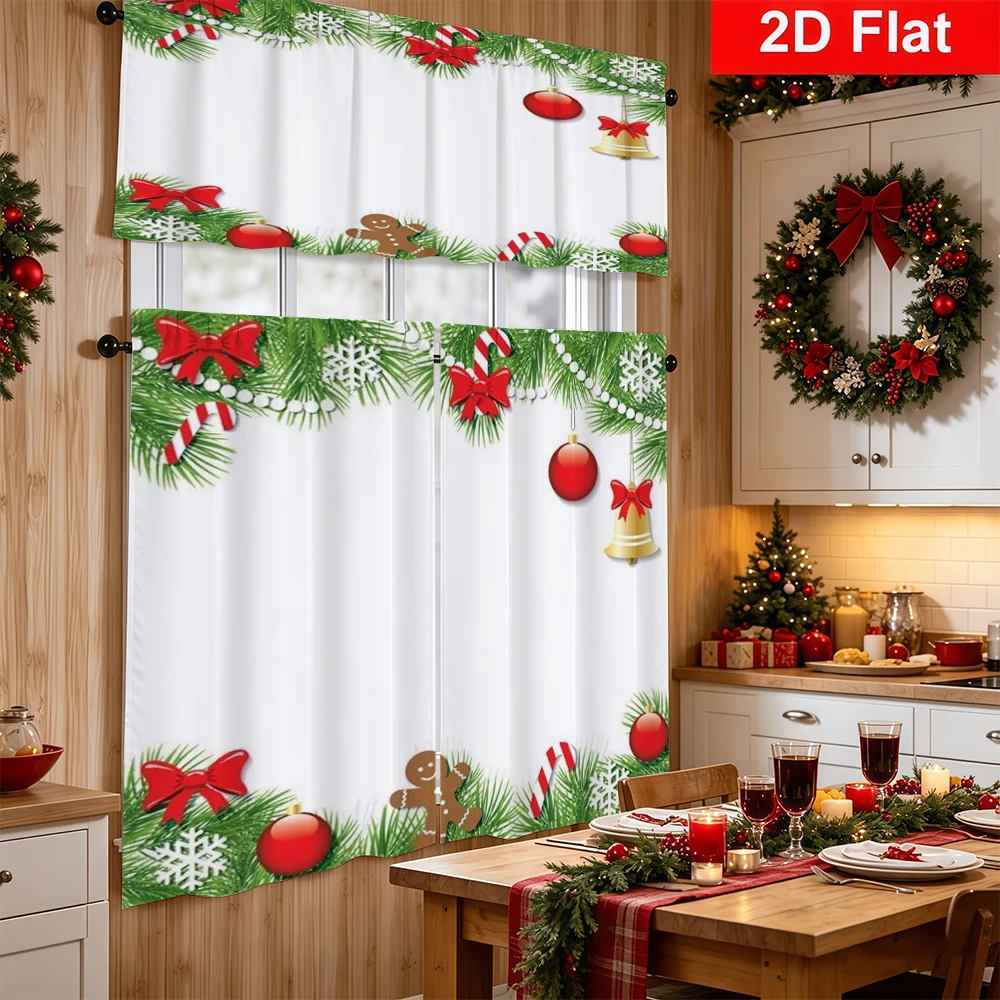 Christmas Kitchen Curtains, Pine Bow Ball Bell Gingerbread, Digital Print, Kitchen Dining Room, Rod Pocket Polyester, Home Decor