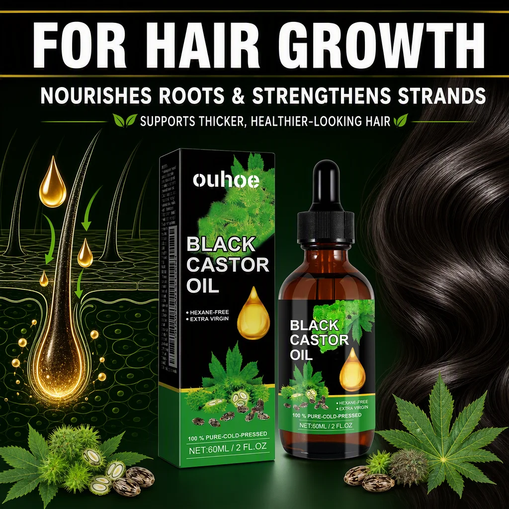 60ML Black Castor Oil 100% Natural Premium Organic Cold Pressed Unrefined Castor Oil for Eyelashes & Eyebrows Hair Growth Thicker Body Face Skin Nourish Relaxation Sore Muscles