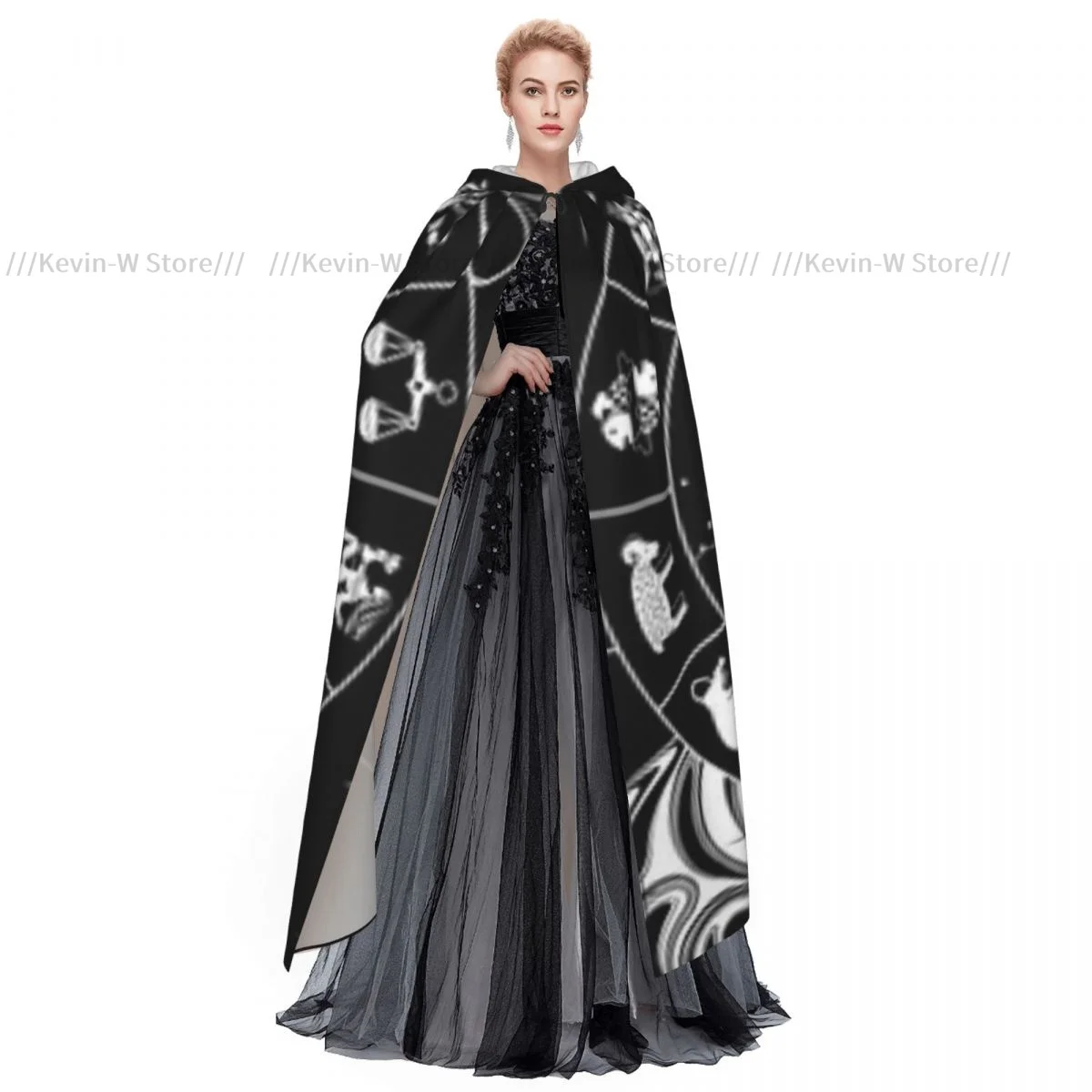 Circle With Zodiac Signs Constellations Sun Hooded Cloak Polyester Unisex Witch Cape Costume Accessory