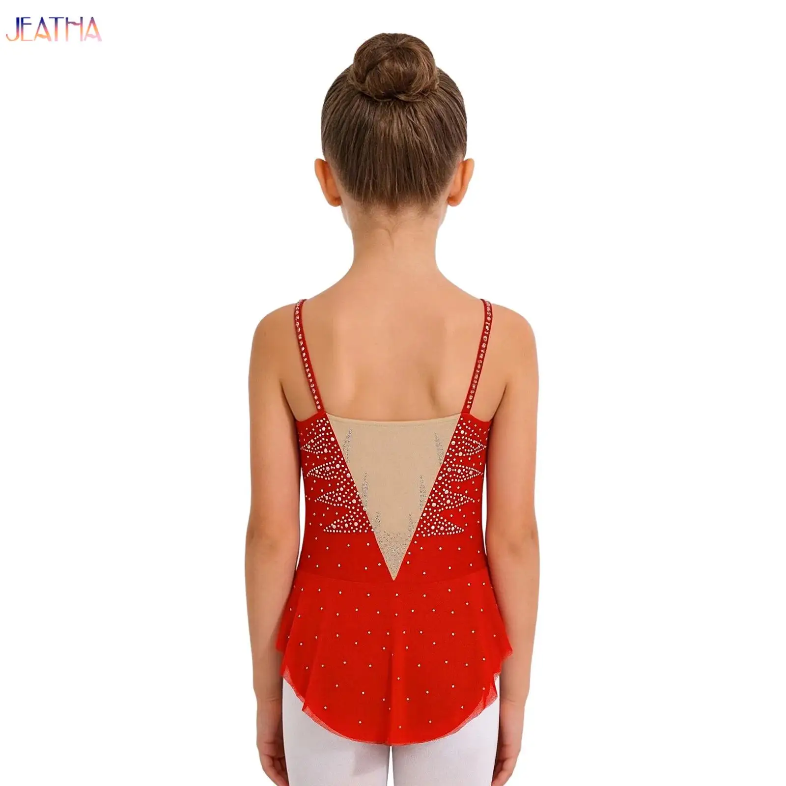 

Детский гимнастический купальник для девочек с блестящими стразами, костюм для выступлений по фигурному катанию, сорочка из прозрачной сетки для балета и лирических танцев