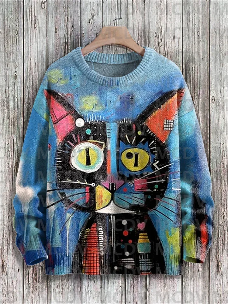 Cat Floral Art Print Pullover Knitted Sweater Printed Sweater Men's For Women's Pullover