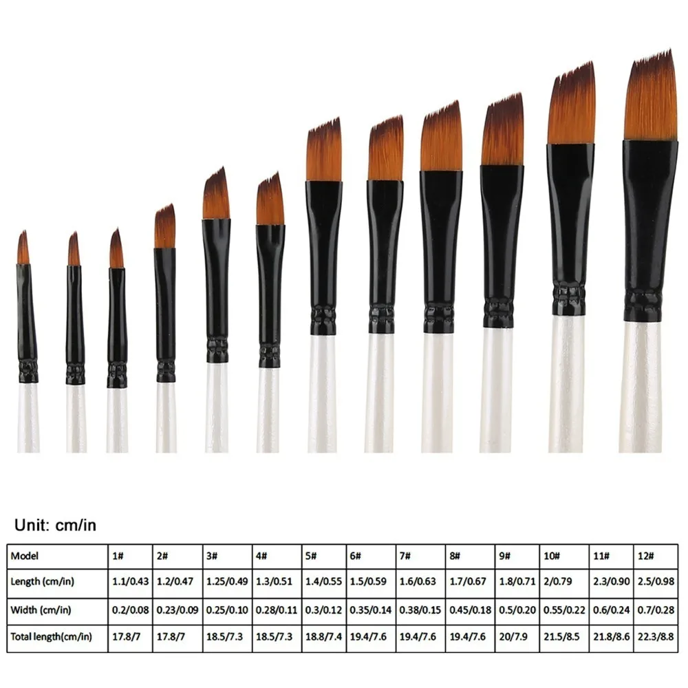 12PCS Pearl White Handles Art Paint Brush Set Soft Nylon Fiber Tongue Tip & Angle Tip Watercolor Painting Tools Firm Fastening