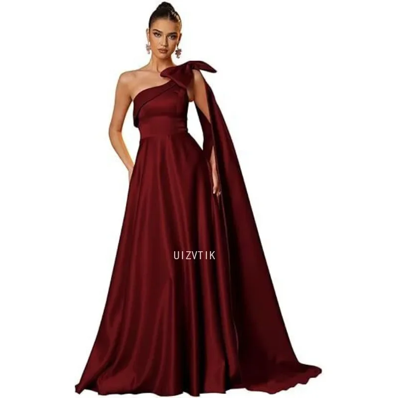 Elegant Bow Tied Ball Gowns Women One Shoulder Satin Prom Dresses Long Strapless Formal Evening A Line Corset Party Gown Robe