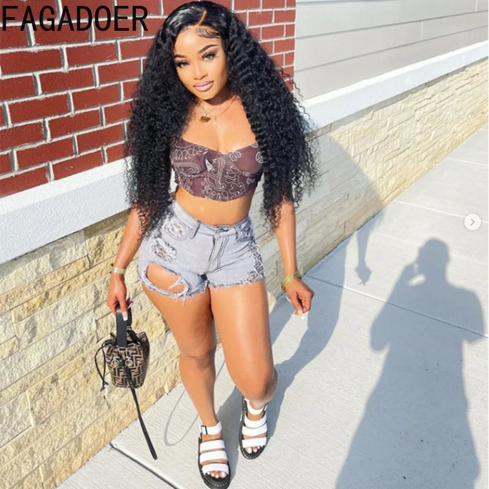 FAGADOER Gray Fashion Street Style Women High Waisted Button Denim Shorts Casual Female Solid Color Hole Matching Bottoms 2023