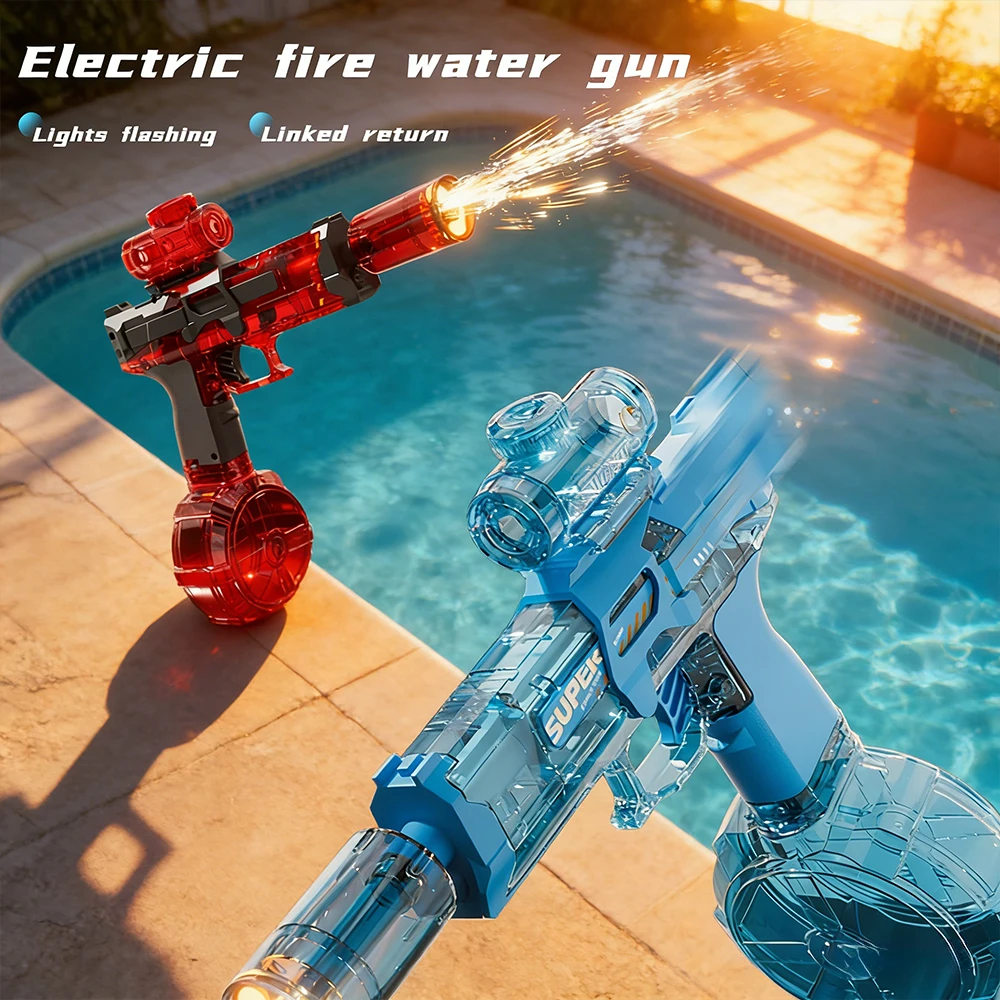 ปืนฉีดน้ำไฟฟ้า UZI ความจุสูง ระยะไกล ชาร์จซ้ำได้ ยิงอัตโนมัติ ไฟ LED รูปเปลวไฟ พกพาสะดวก ของเล่นต่อสู้ด้วยน้ำสำหรับเด็ก