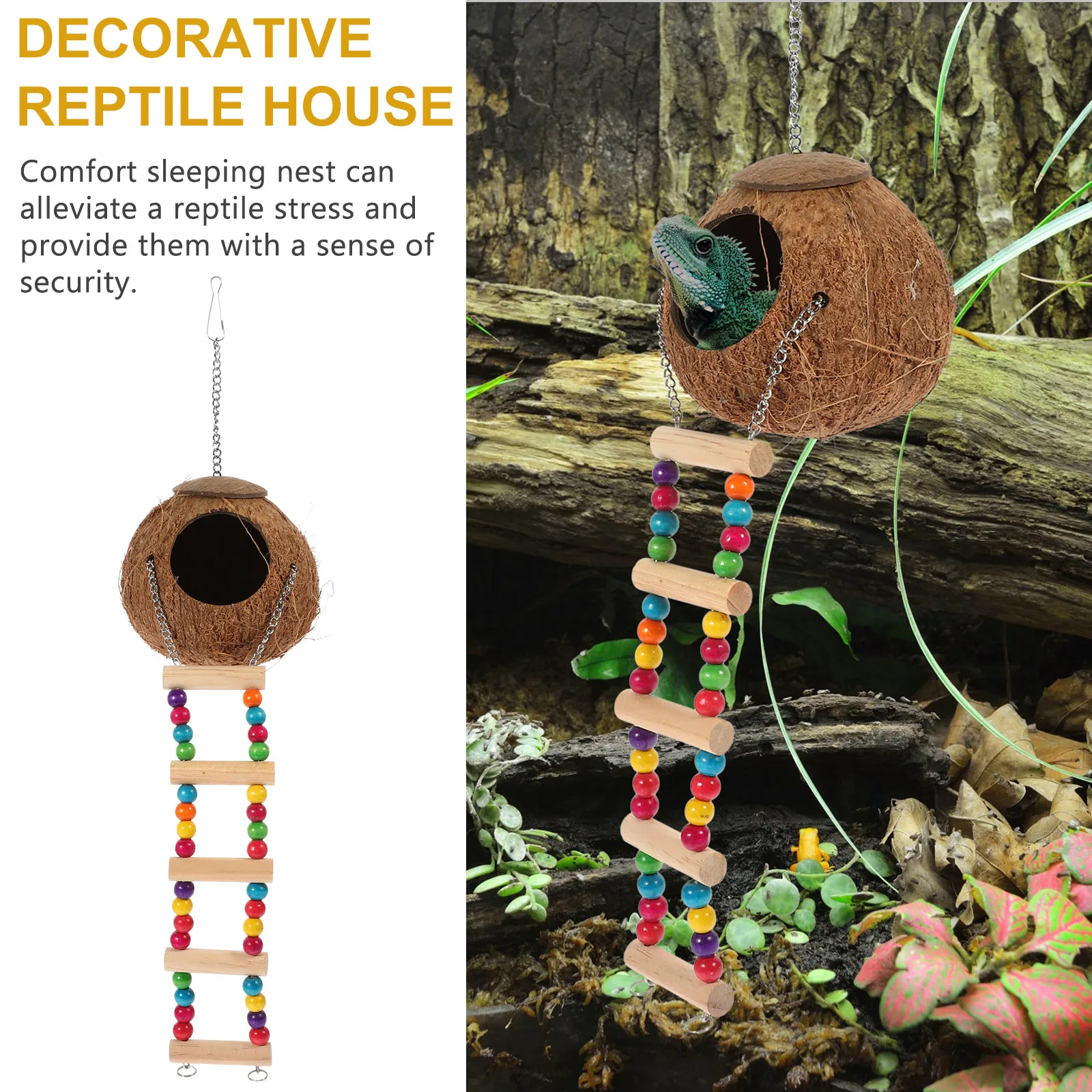 

Coconut Reptile Nest With Ladder Decorative Hideout Sleeping Bed Hanging Habitat Terrarium Cave Breeding Nest For Pet