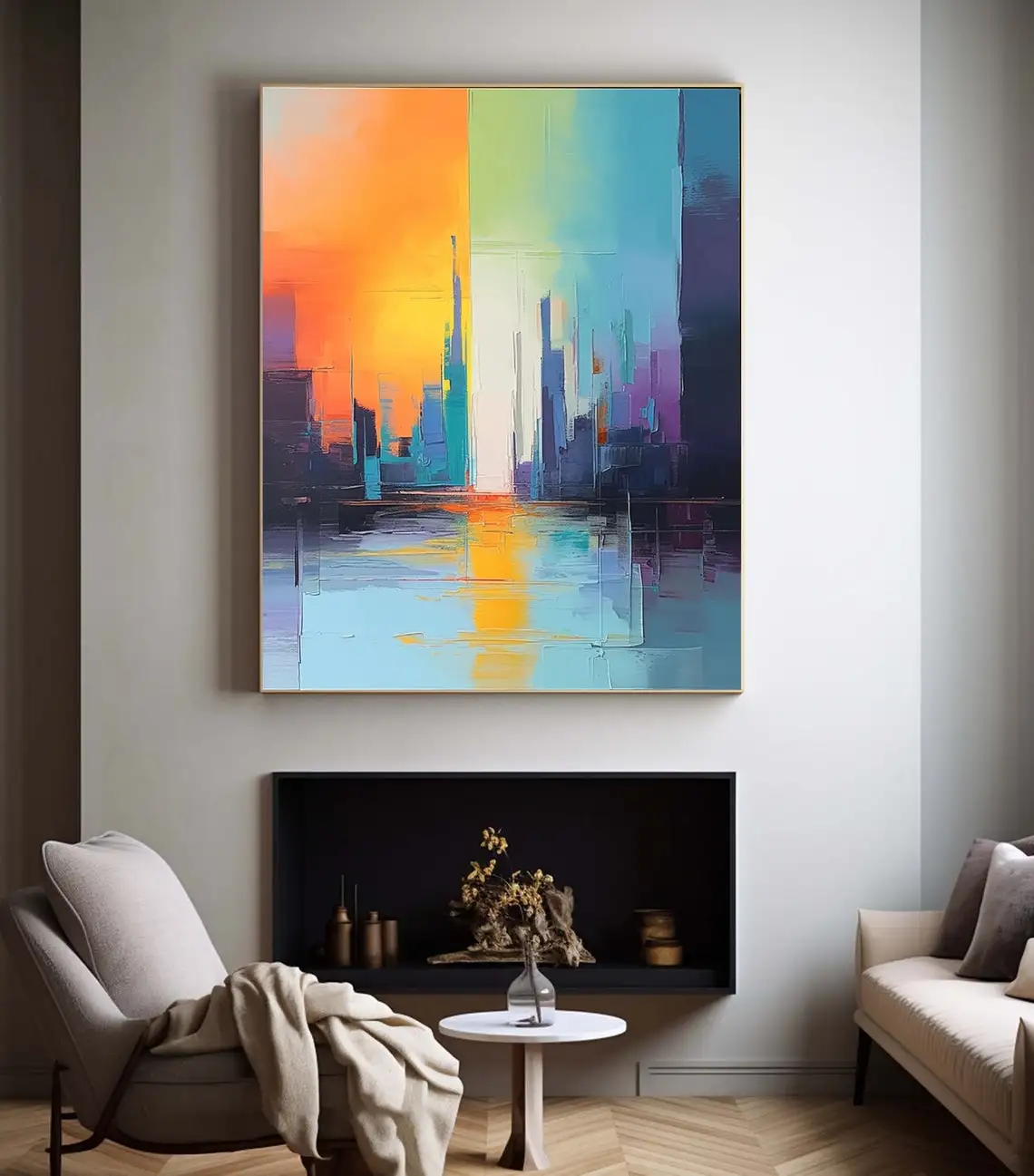 Large Colorful Abstract Cityscape Handmade Canvas Painting Textured Urban Wall Art Mordern Art For Living Room Bedroom Office