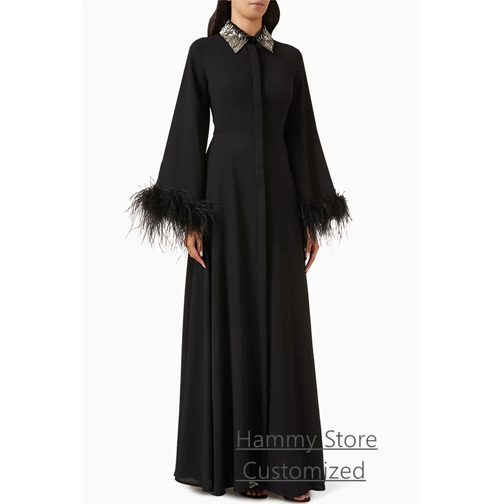 Nouvelle robe de soirée personnalisée plumes manches longues col haut perles colloaire une ligne Abaya robe de bal robes de soirée arabe