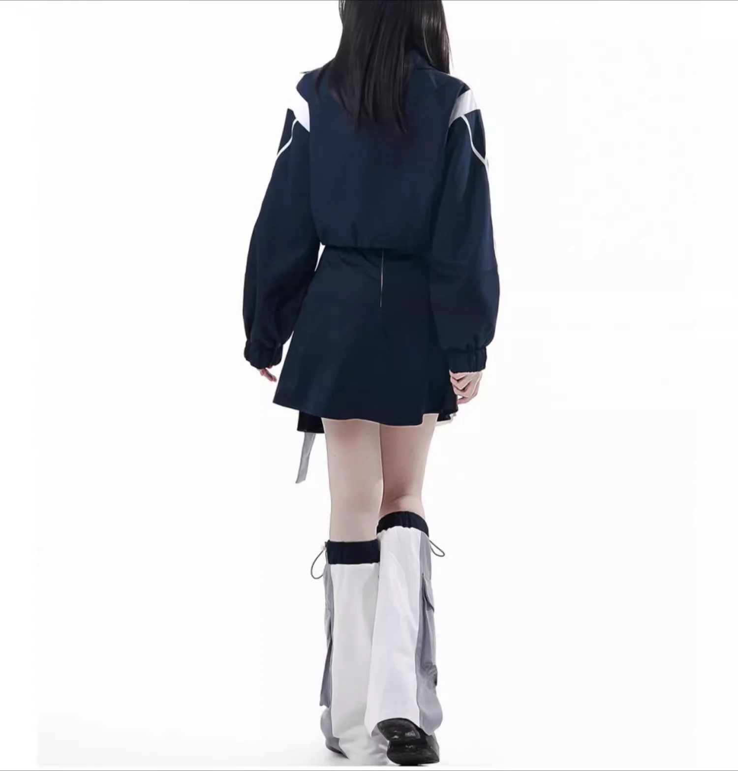 Functional Futuristic Patchwork Embroidered Hoodie Jacket 2025 Autumn Blue and White College Style Round Neck Long Sleeve Tee