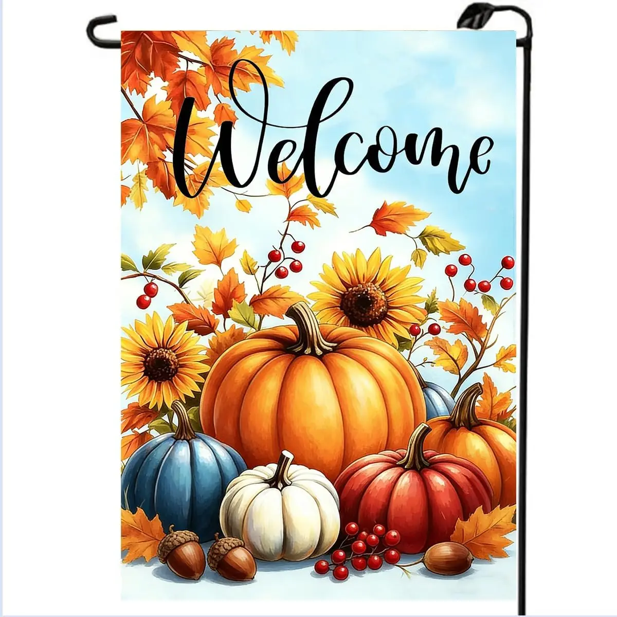 Fall Welcome Garden Flags for Outside 12x18 Double Sided, Burlap Autumn Thanksgiving Colorful Pumpkin Sunflowers Seasonal Ga AAM