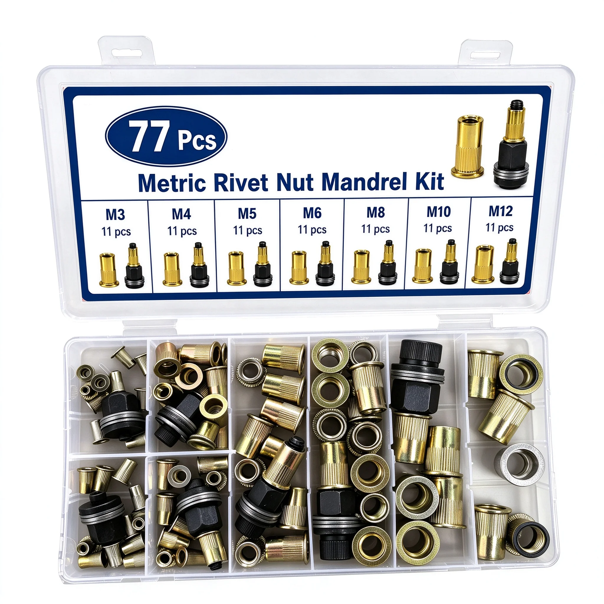 77PCS Rivet Nut Kit M3-M12 Carbon Steel Rivnuts Nutsert Threaded Insert Nuts Flat Head Assortment Set for Automotive Repair