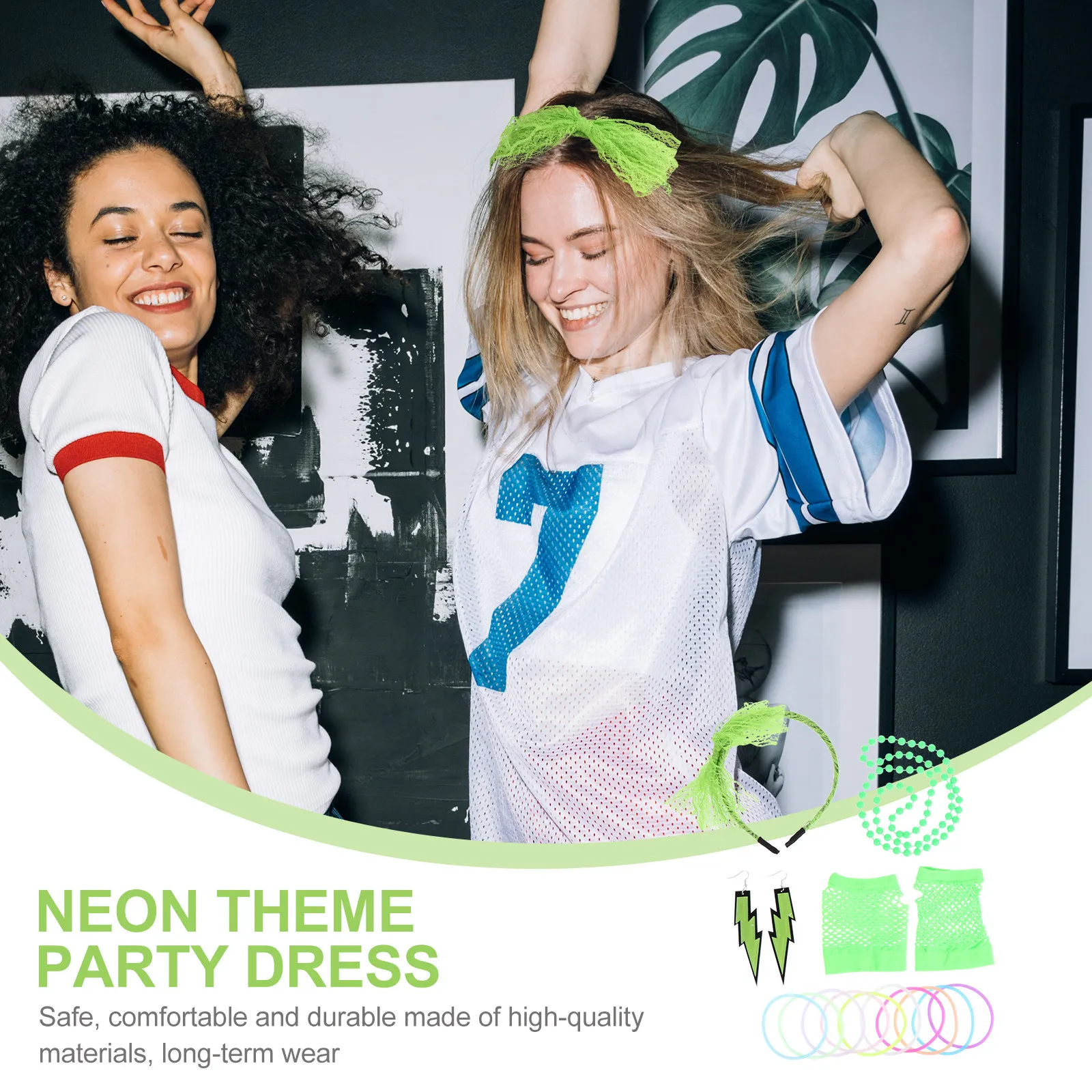 

1Set Neon Themed Party Wear Accessories Kit Stylish Lace Headband Necklace Earrings Gloves Comfortable Elastic Fit for Women