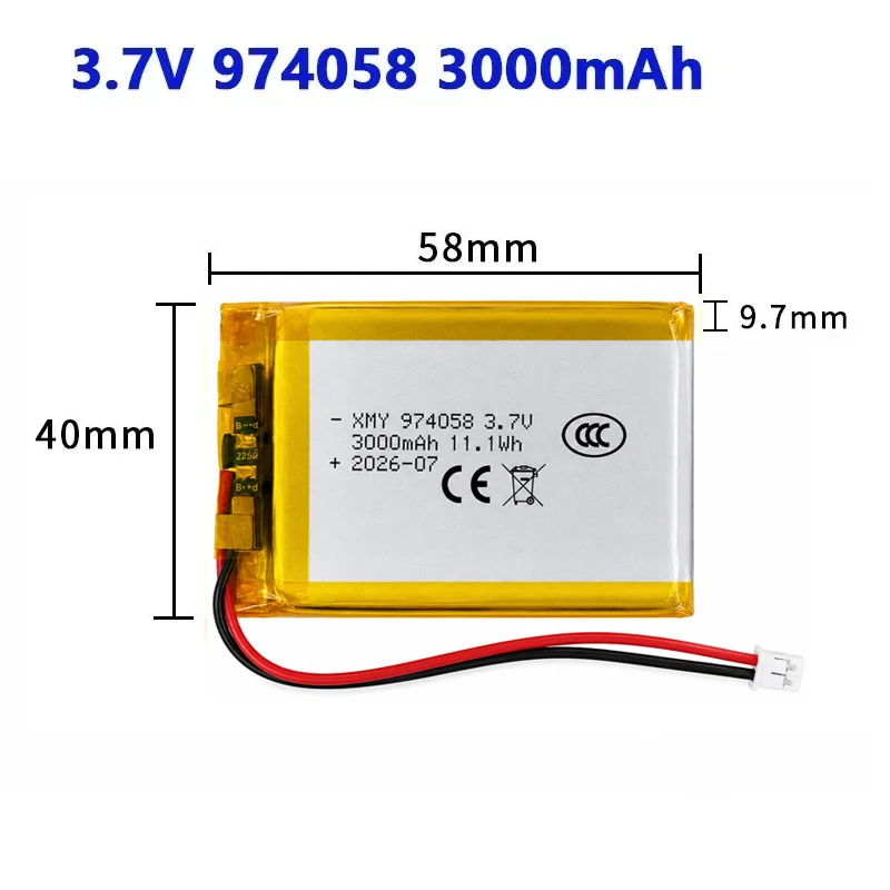 3.7V 974058 3000mAh Lithium Polymer Batteries for Toy Massage Meter GPS Navigator Aeromodelling Rechargeable Battery PH2.0P Plug