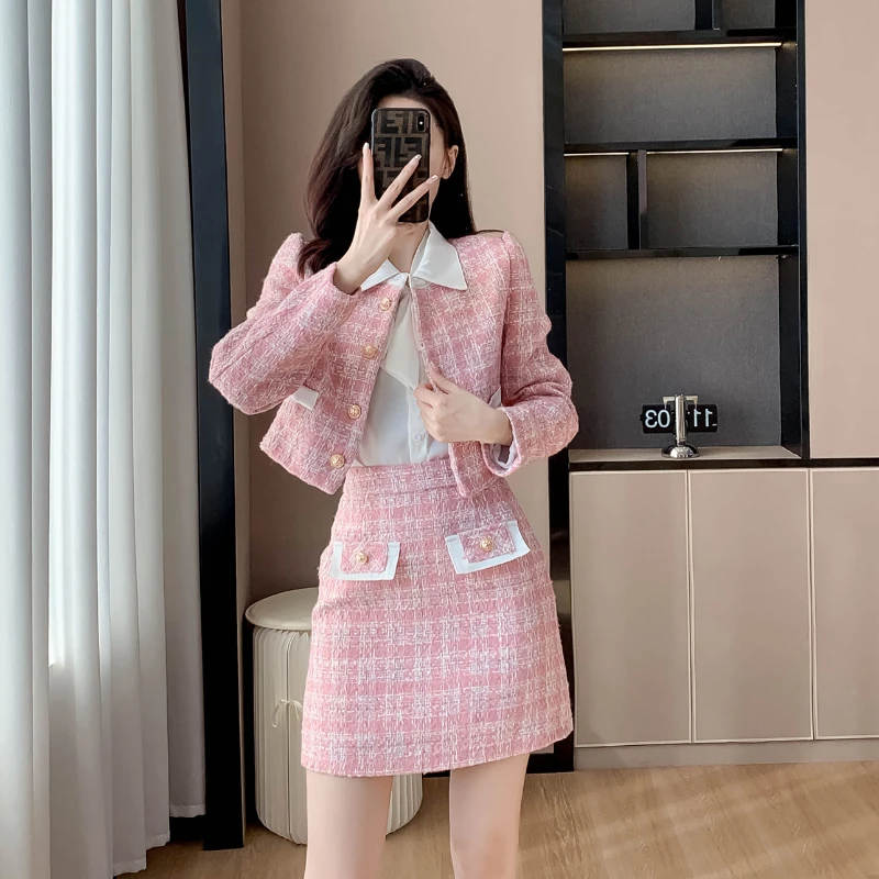 Women\'s Autumn Small Fragrant Style Lapel Cropped Jacket Blazer Half Skirt Set Vintage Tweed    Two-piece Sets