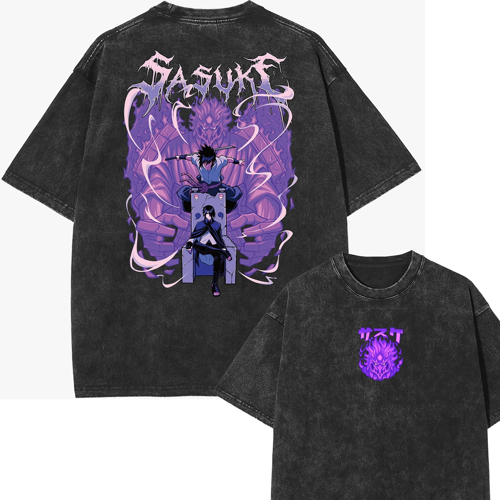 

Sasuke Curse Mark Graphic T-Shirt Men Washed Cotton Tee Demon Wings Lightning Power Print Harajuku Streetwear Oversized Tops