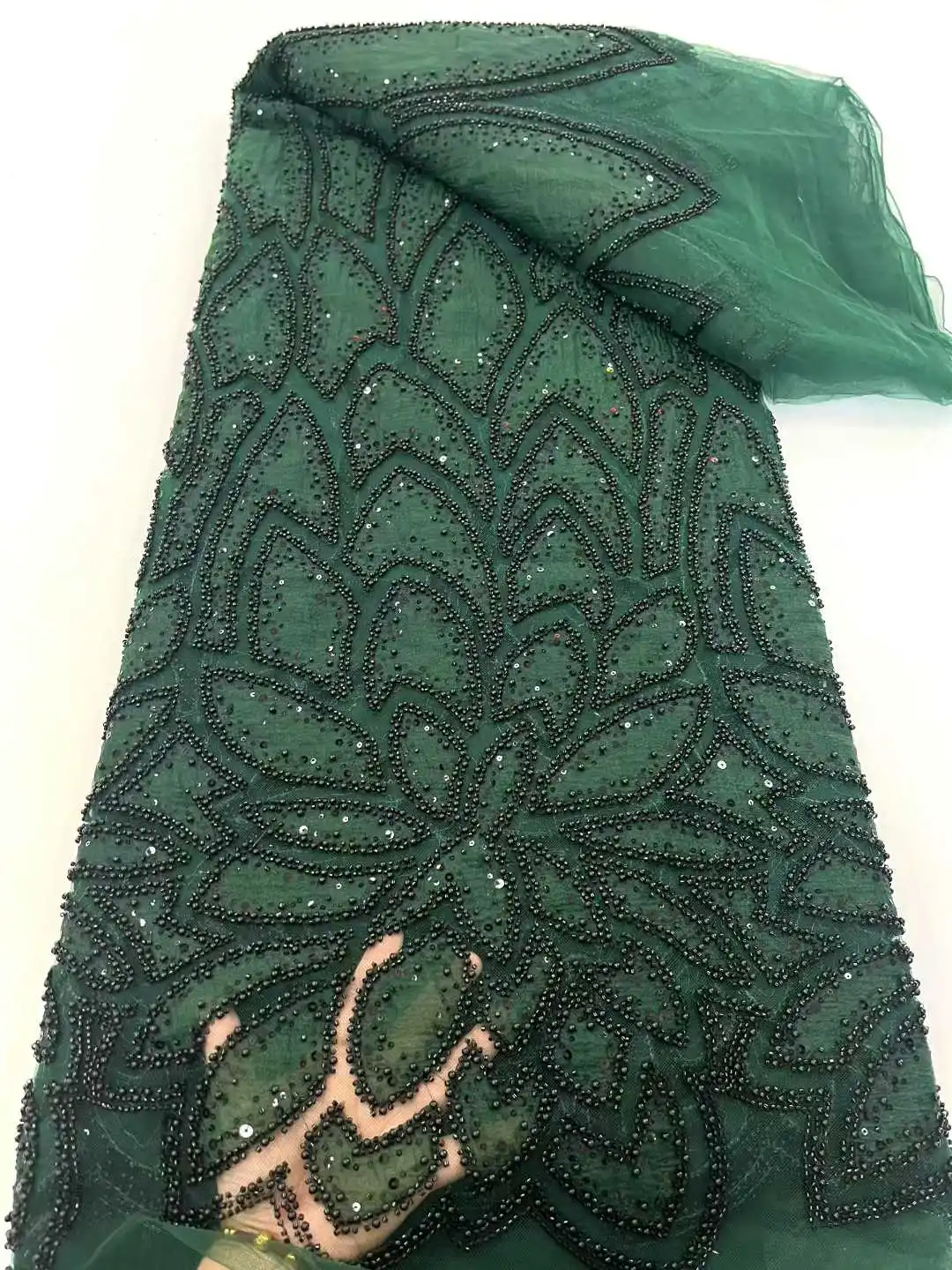 African Beaded Lace Fabric 2025 High Quality Lace 5 Yards French Nigerian Groom Sequins Lace Fabrics For Wedding Party Dress Sew