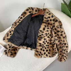 Real Natural Rabbit Fur Coat New Fashion Turn-down Collar Outerwear Streetwear Leopard Winter Jacket Women Thick Warm Elegant