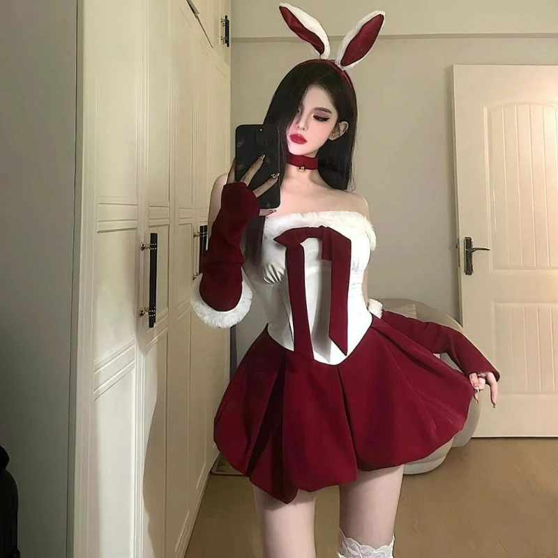 Nowa kolekcja Jesień/Zima 2026: Dopasowana sukienka bez ramiączek w stylu księżniczki, zestaw z króliczkiem świątecznym, seksowna sukienka z wkładkami na biust dla kobiet.