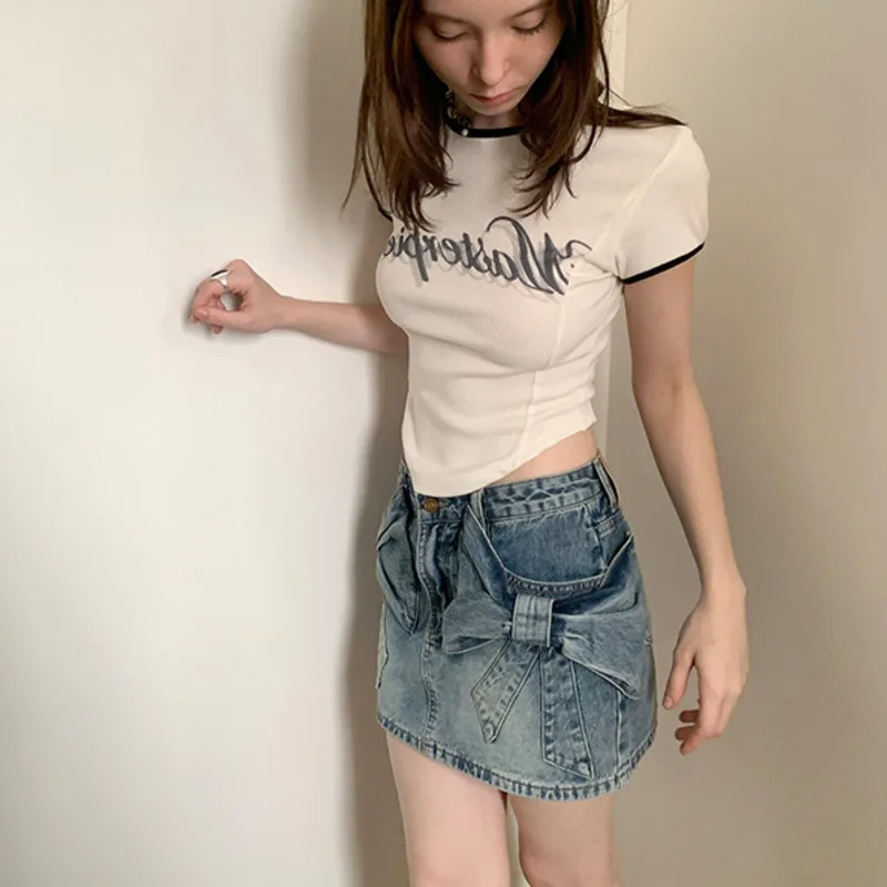 Bow Denim Short Skirt Women American Retro Blue Distressed High Waisted A-line High Street Fashion Washed Pocket Half Skirt New