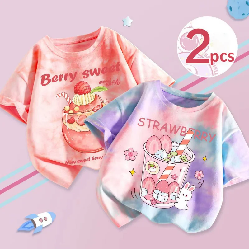 

Girls’ Summer Cute 2023 Costume Cartoon Tie Dye 100%Cotton T-Shirt 2Pieces, Short Sleeve Shirts with Various Colors and Patterns