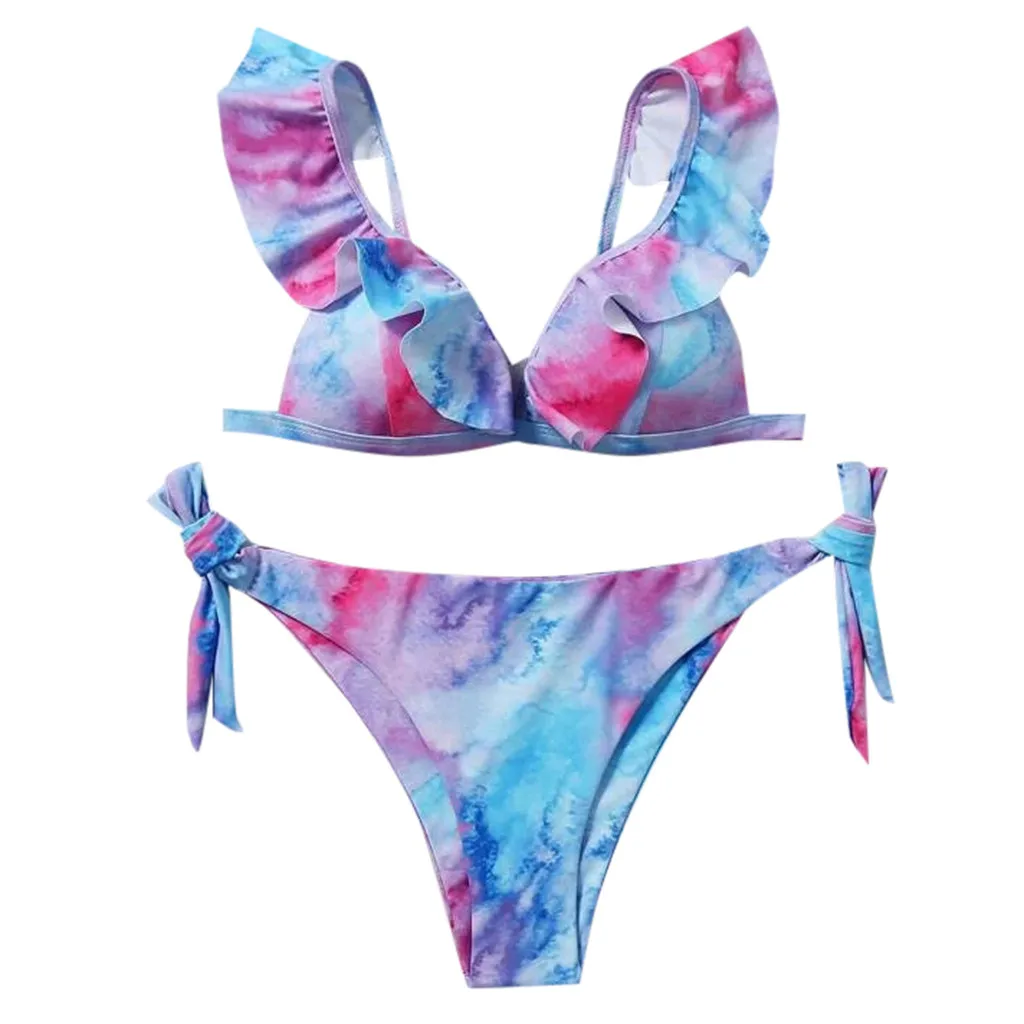 Women Tie-Dye Bikinis Set Lace Up Adjustable Ruffled Spaghetti Strap Brazilian Swimwear Swimsuit Backless Beachwear Bathing Suit