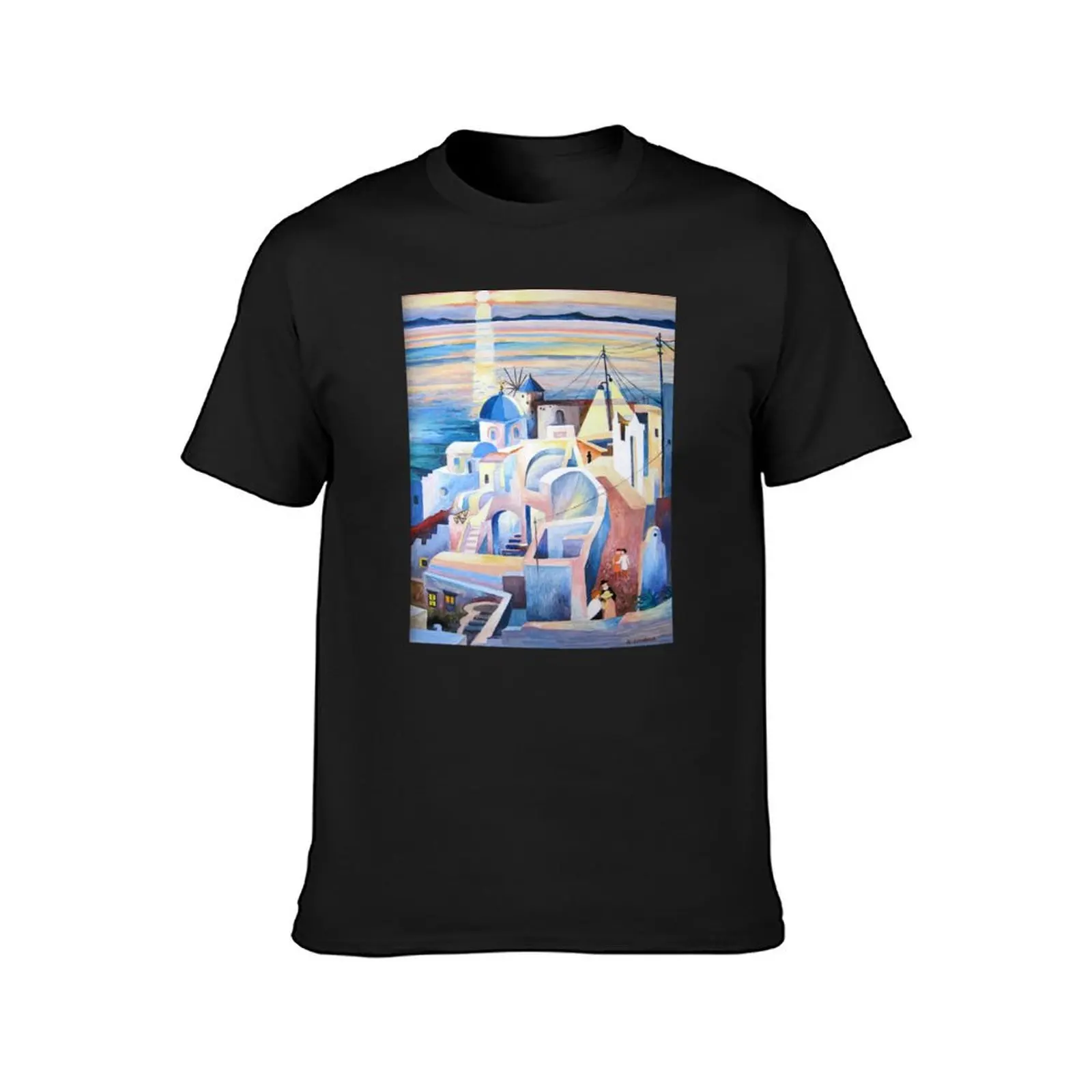 Santorini Greece Acrylic Painting T-Shirt Aesthetic clothing for a boy men clothing