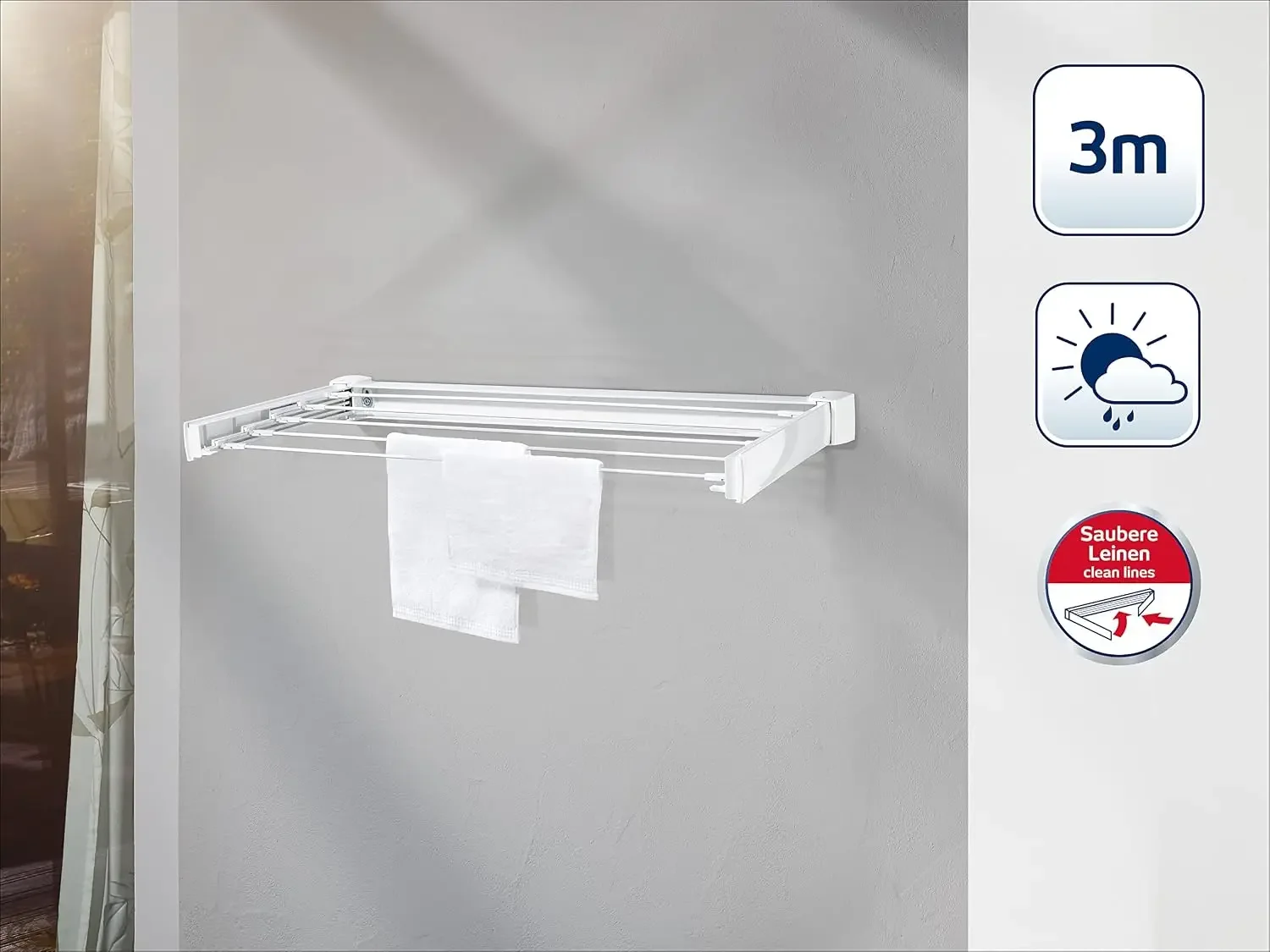 Telegant 30 Protect Wall Dryer – Foldable Indoor/Outdoor Clothes Drying Rack with 5 x 60 cm Bars, 3m Drying Space, Compact & Stu