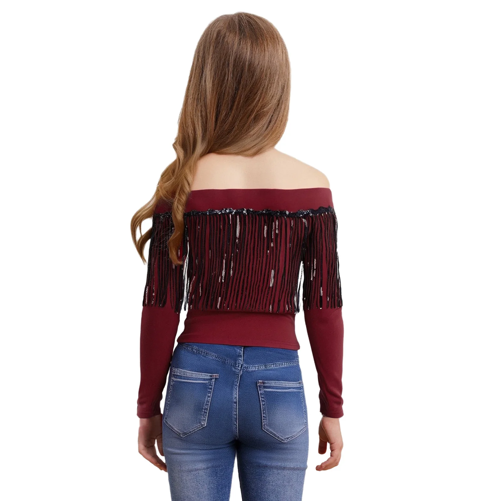 Kids Girls T-shirt Hip-Hop Jazz Dance Costume Shiny Sequin Tassels Printed Top Off-Shoulder Long Sleeve Shirt Fashion Streetwear