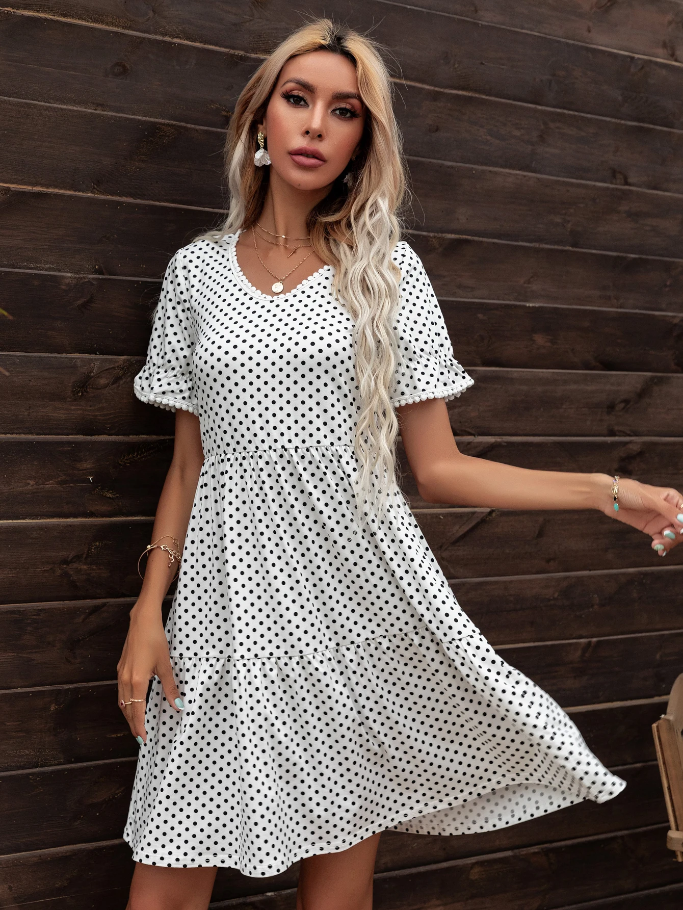 LEVACA Ruffle Hem abito a tunica a pois Summer Loose Fit Casual Boho per donna