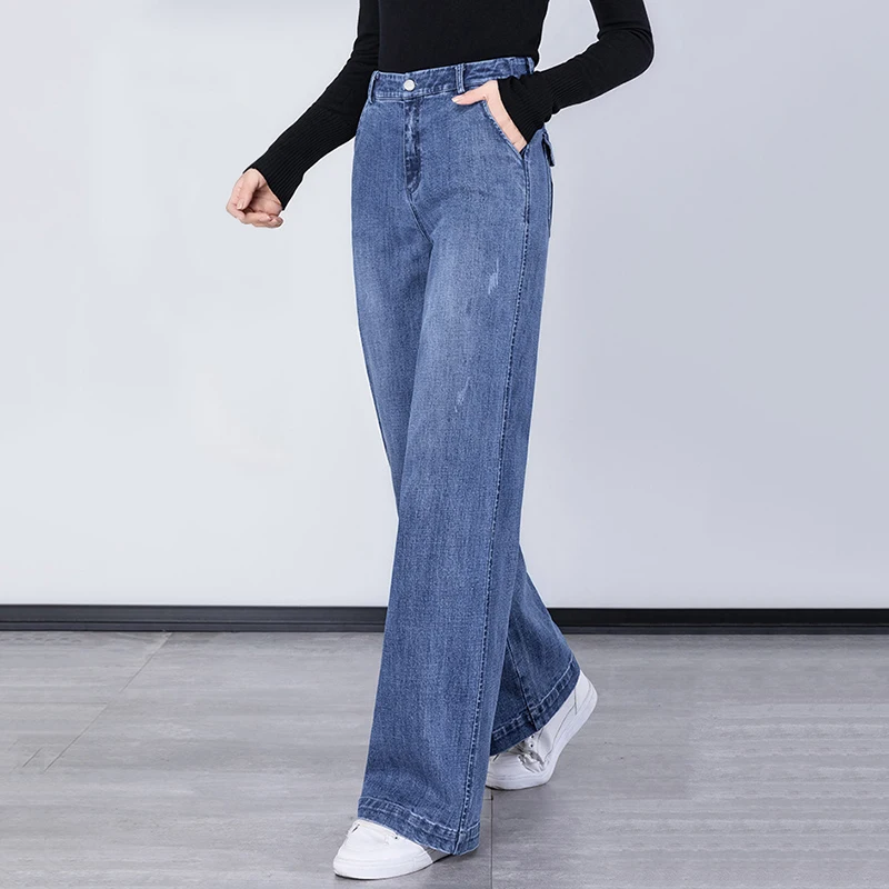 YUEY Women Stretchy Elastic Band Straight Denim Jeans Spring Winter Euro American  Casual Loose High Waist Wide Leg S