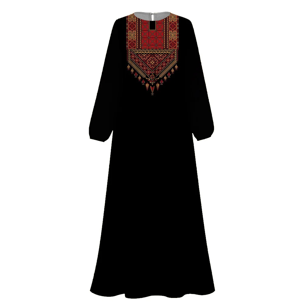 Hot Muslim Clothing Black Abaya women neckline Print Islam Dresses Dubai 2024 Turkey O-Neck Long Sleeve Abaya Casual Femme Robe