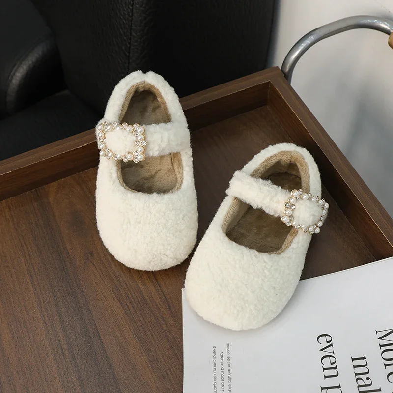 Girls Cotton Shoes Simple Trend Kids' Winter Shoes Rhinestone Buckle Children Fashion Furry Hairy Causal Flat Shoes Hook Loop