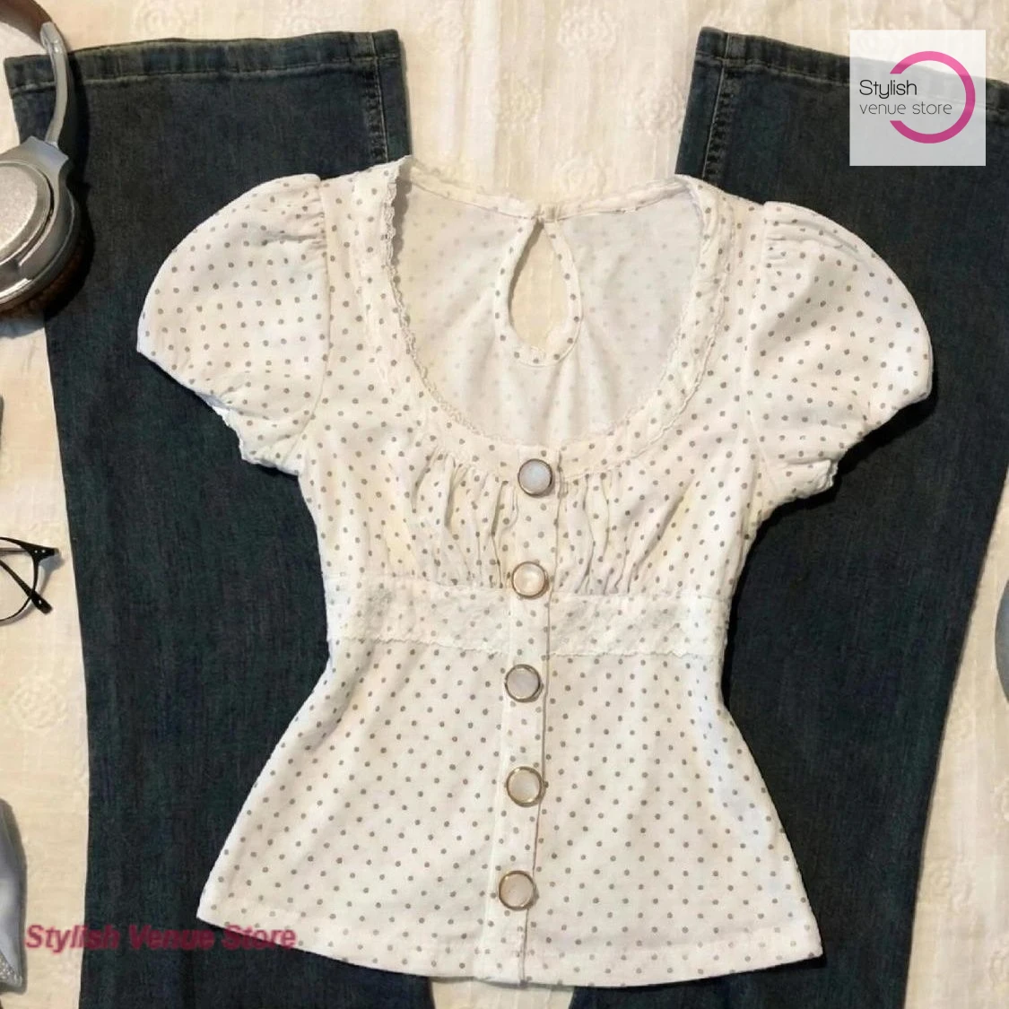 French retro polka-dot bubble sleeve top women's spring and summer new fashion round neck button short sleeve sweet T-shirt