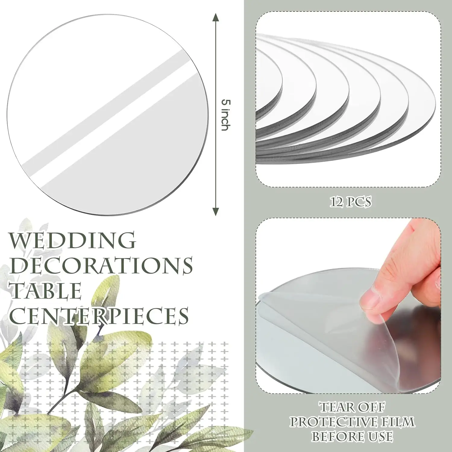 12 Pcs Acrylic Round Mirrors for Centerpieces 5 Inch Non Glass Self Adhesive Mirror Centerpieces for Tables Circle Mirror Plates