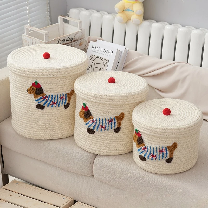 1pcs Cute Puppy Storage Basket Woven Cotton Rope Frame Large Capacity Dustproof Storage Bucket Desktop Dustproof Storage