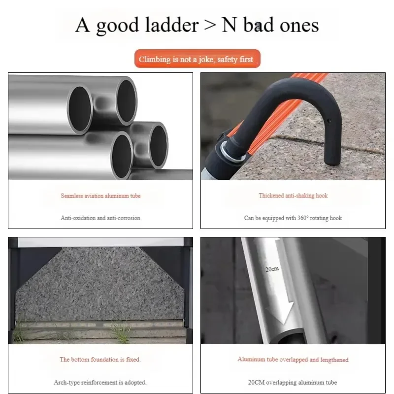 Ladder with hook Stainless steel telescopic straight ladder engineering special folding elevator rotatable disassembly ladder