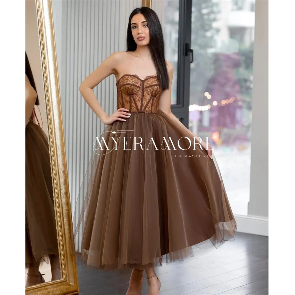 

Customized Brown Strapless Formal Evening Dresses A Line Lace Tulle Corset Sleeveless Ankle-Length Princess Wedding Party Dress